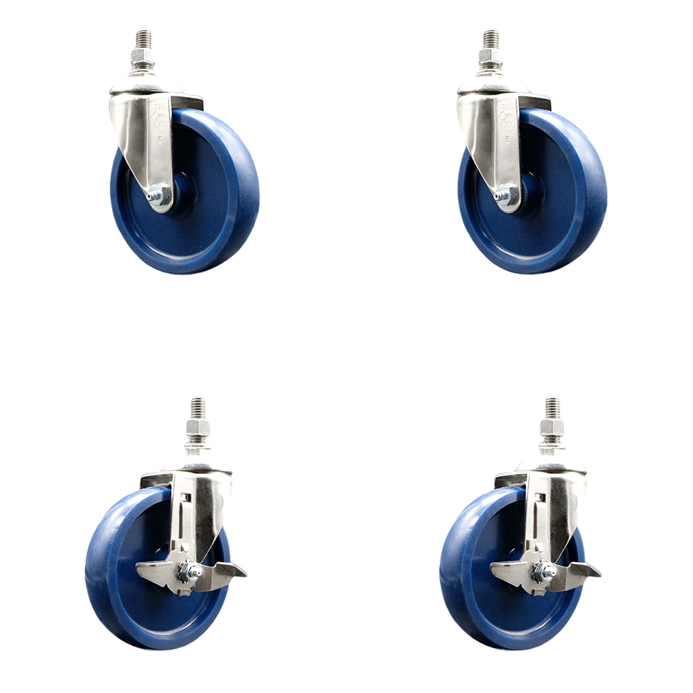Solid Poly Swivel Stem Caster with 5 in. Caster Wheels, 10 mm Threaded Stems - 316 Stainless Steel Casters - Set of 4