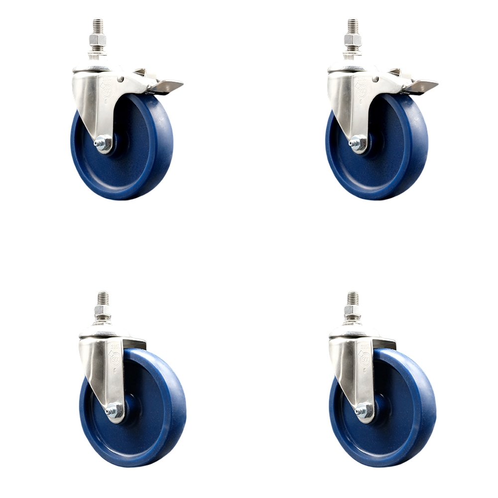 Solid Poly Swivel Stem Caster with 5 in. Caster Wheels, 10 mm Threaded Stems - 316 Stainless Steel Casters - Set of 4
