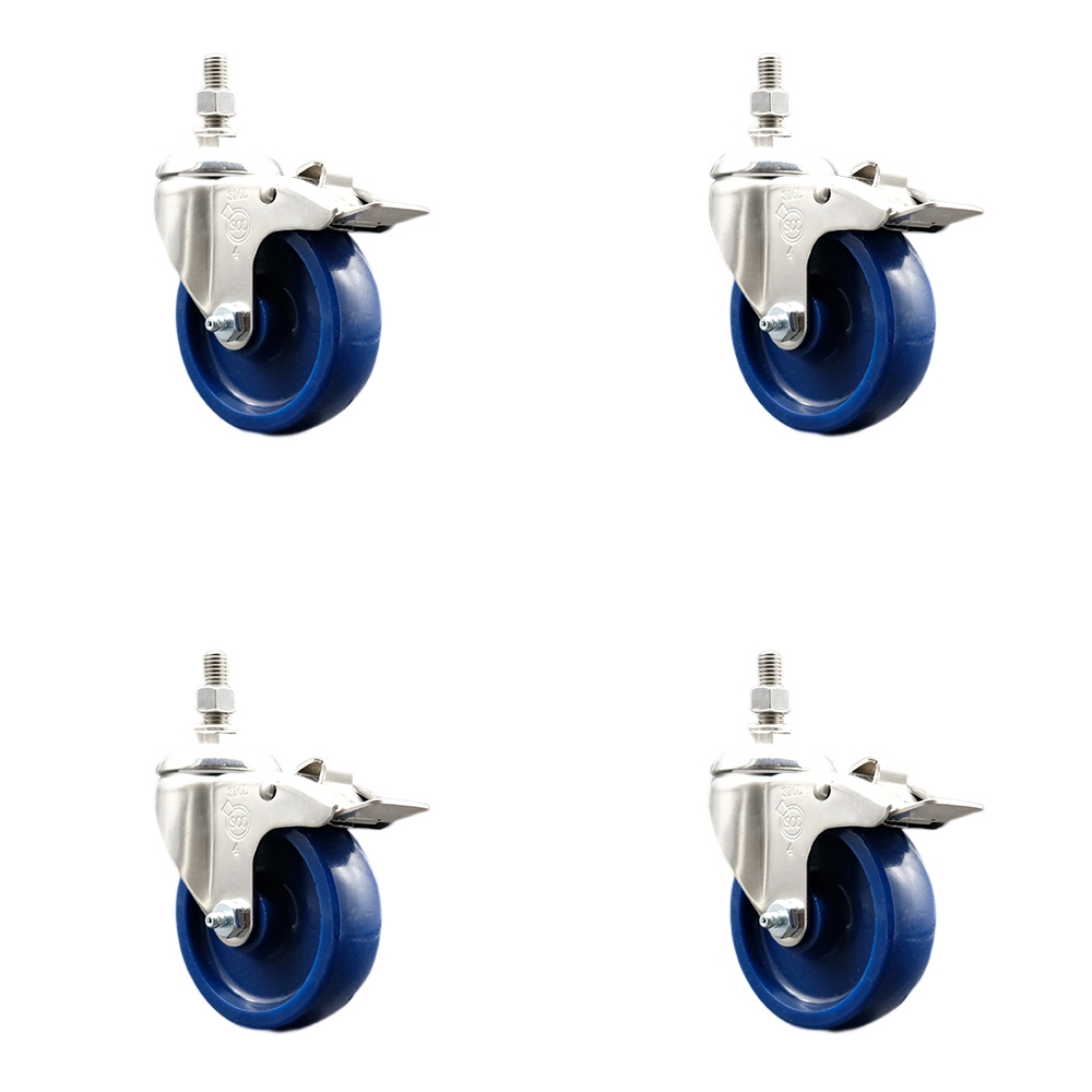 Solid Polyurethane Swivel Stem Caster with 4 in. Caster Wheels, 12 mm Threaded Stems - 316 Stainless Steel Casters - Set of 4