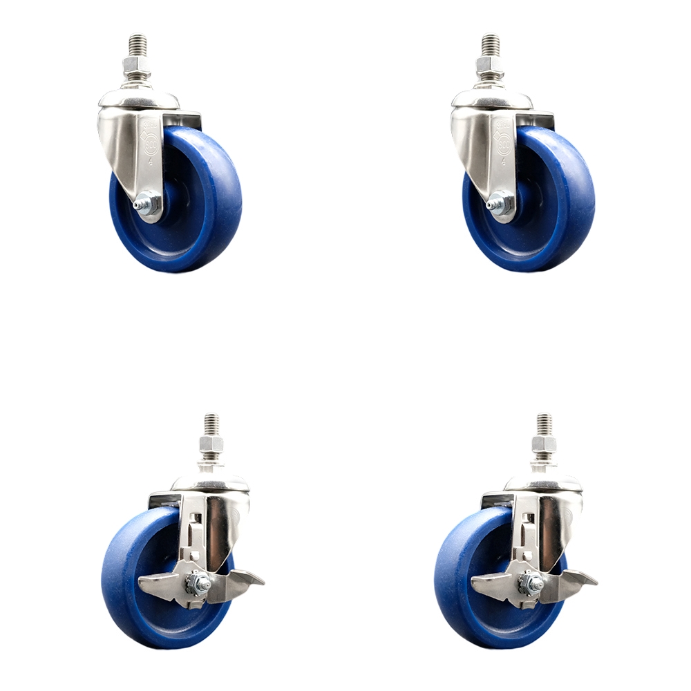 Solid Poly Swivel Stem Caster with 4 in. Caster Wheels, 12 mm Threaded Stems - 316 Stainless Steel Casters - Set of 4