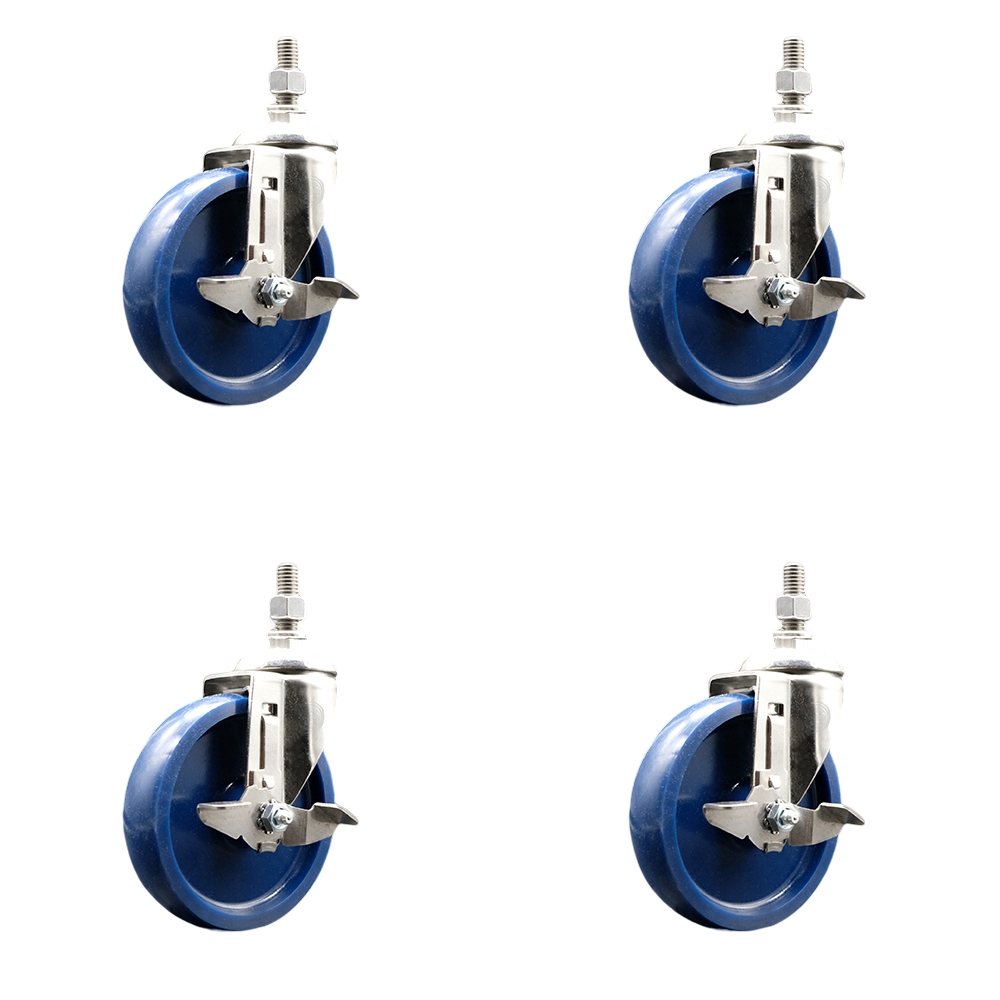 Solid Polyurethane Swivel Stem Caster with 5 in. Caster Wheels, 12 mm Threaded Stems - 316 Stainless Steel Casters - Set of 4