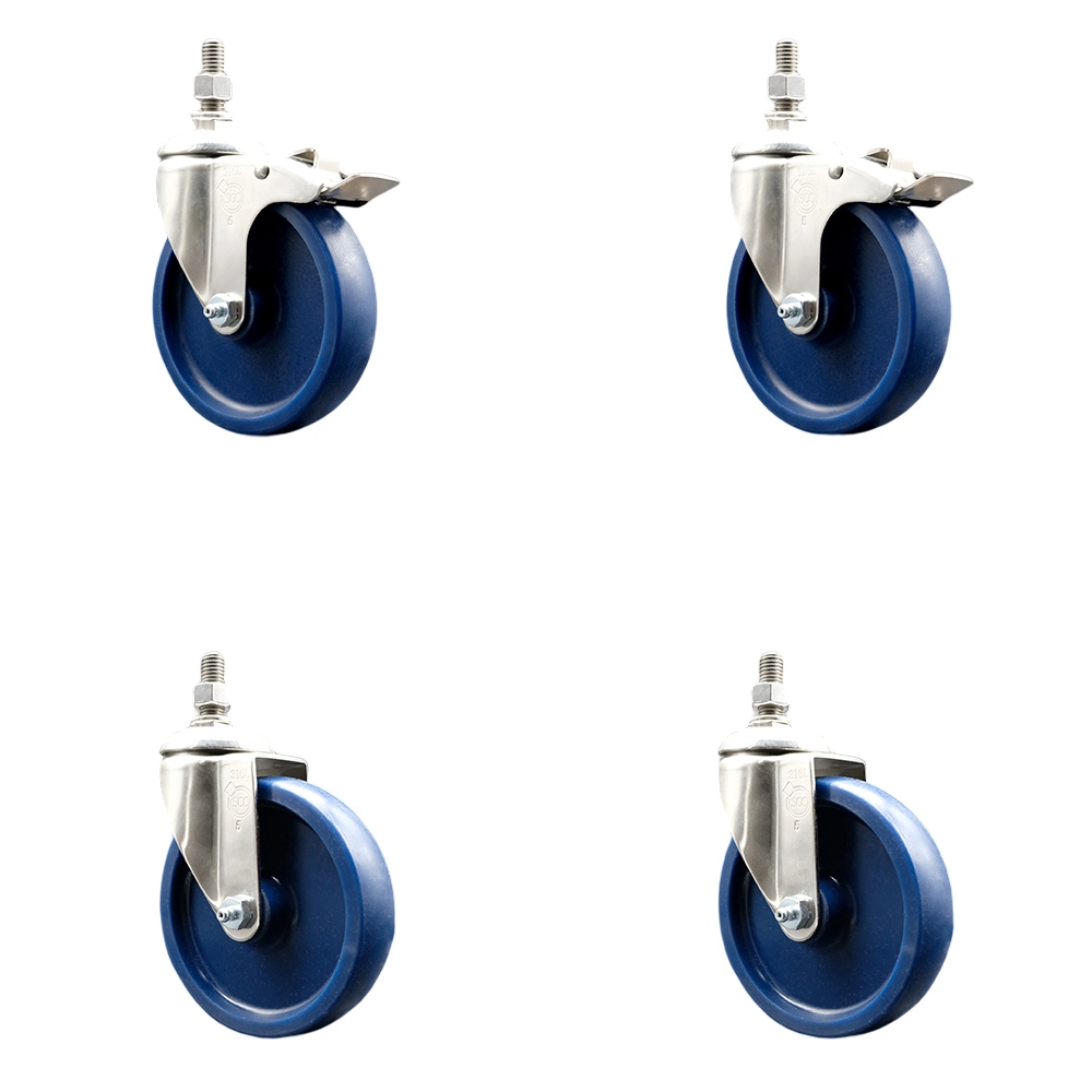 Solid Poly Swivel Stem Caster with 5 in. Caster Wheels, 12 mm Threaded Stems - 316 Stainless Steel Casters - Set of 4