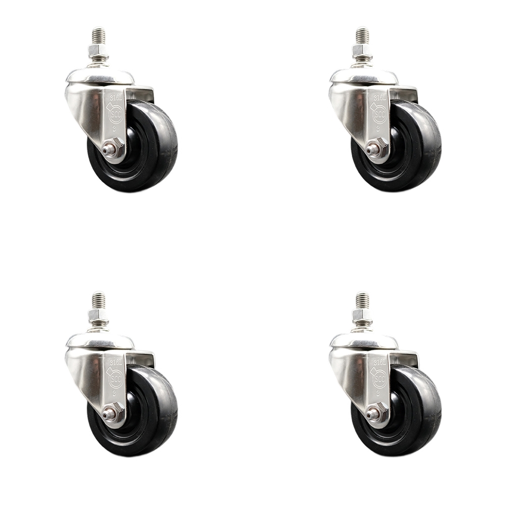 SCC-SS316TS20S314-SRS-121315-4 Soft Rubber Swivel Stem Caster with 3 in. Caster Wheels 0.5 in. Threaded Stems 316 Stainless Steel Casters - Set of 4