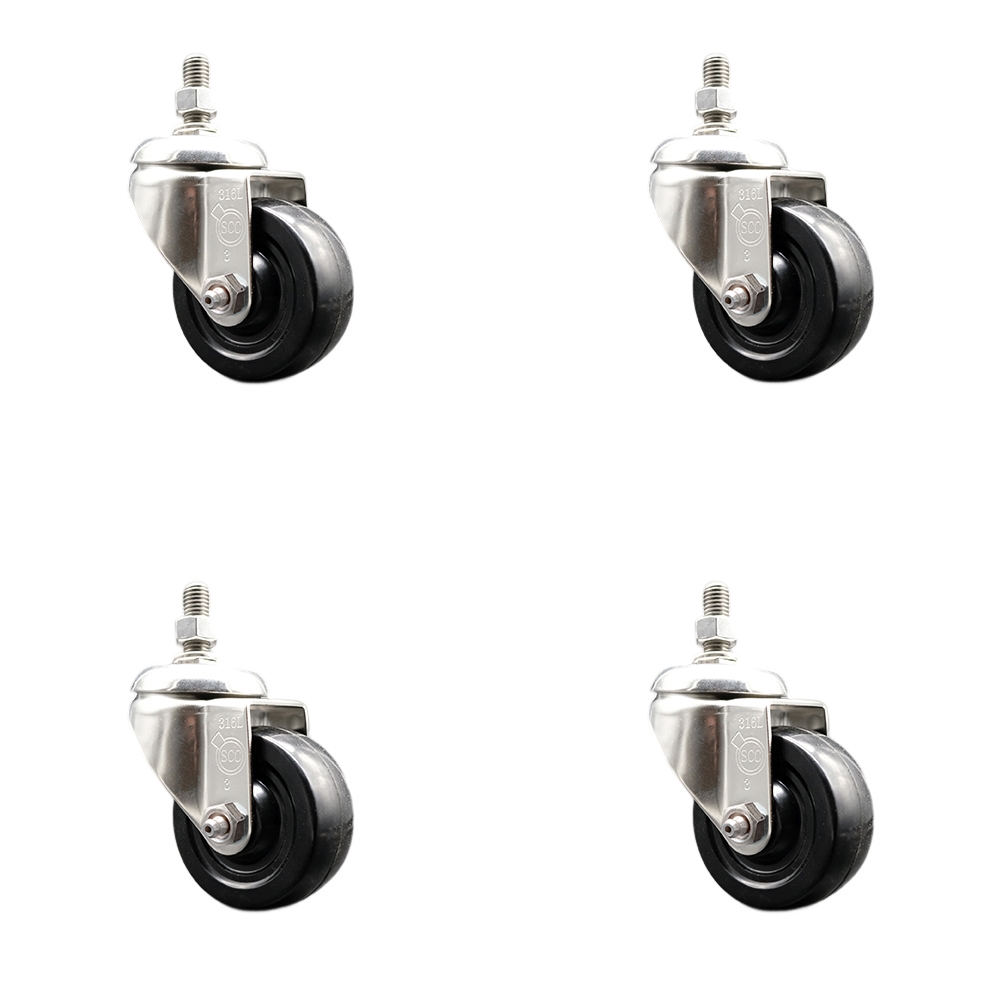 SCC-SS316TS20S314-SRS-381615-4 Soft Rubber Swivel Stem Caster with 3 in. Caster Wheels 0.38 in. Threaded Stems 316 Stainless Steel Casters - Set of 4