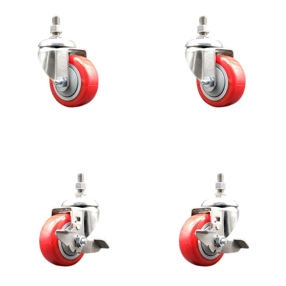 Poly Swivel Stem Caster with 3 in. Red Caster Wheels, 12 mm Threaded Stems - 316 Stainless Steel Casters - Set of 4
