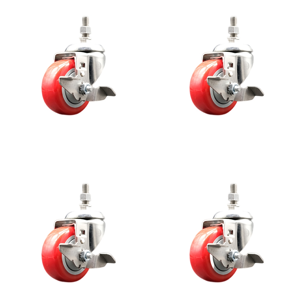 Polyurethane Swivel Stem Caster with 3.5 in. Red Caster Wheels, 12 mm Threaded Stems - 316 Stainless Steel Casters - Set of 4