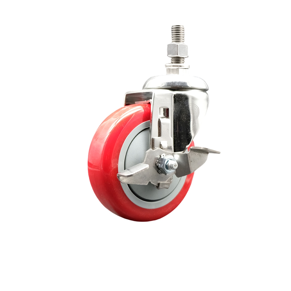 Polyurethane Swivel Stem Caster with 4 in. Red Caster Wheels & Top Lock Brake, 12 mm Threaded Stem - 316 Stainless Steel Caster