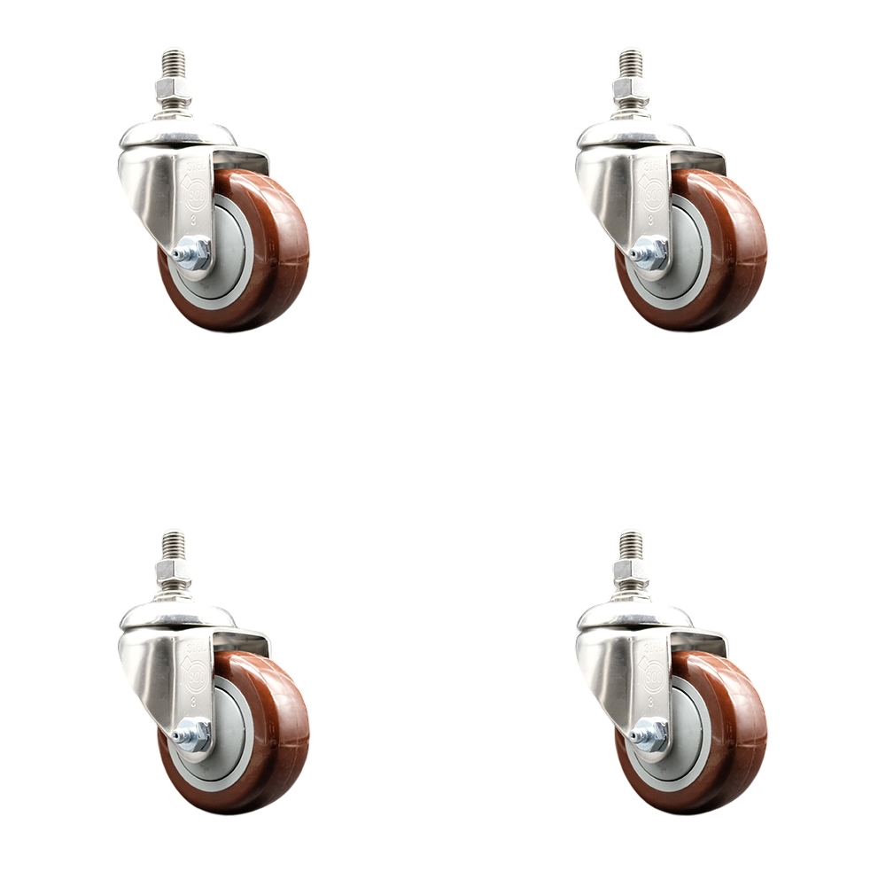 Polyurethane Swivel Stem Caster with 3 in. Maroon Caster Wheels, 0.5 in. Threaded Stems - 316 Stainless Steel Casters - Set of 4