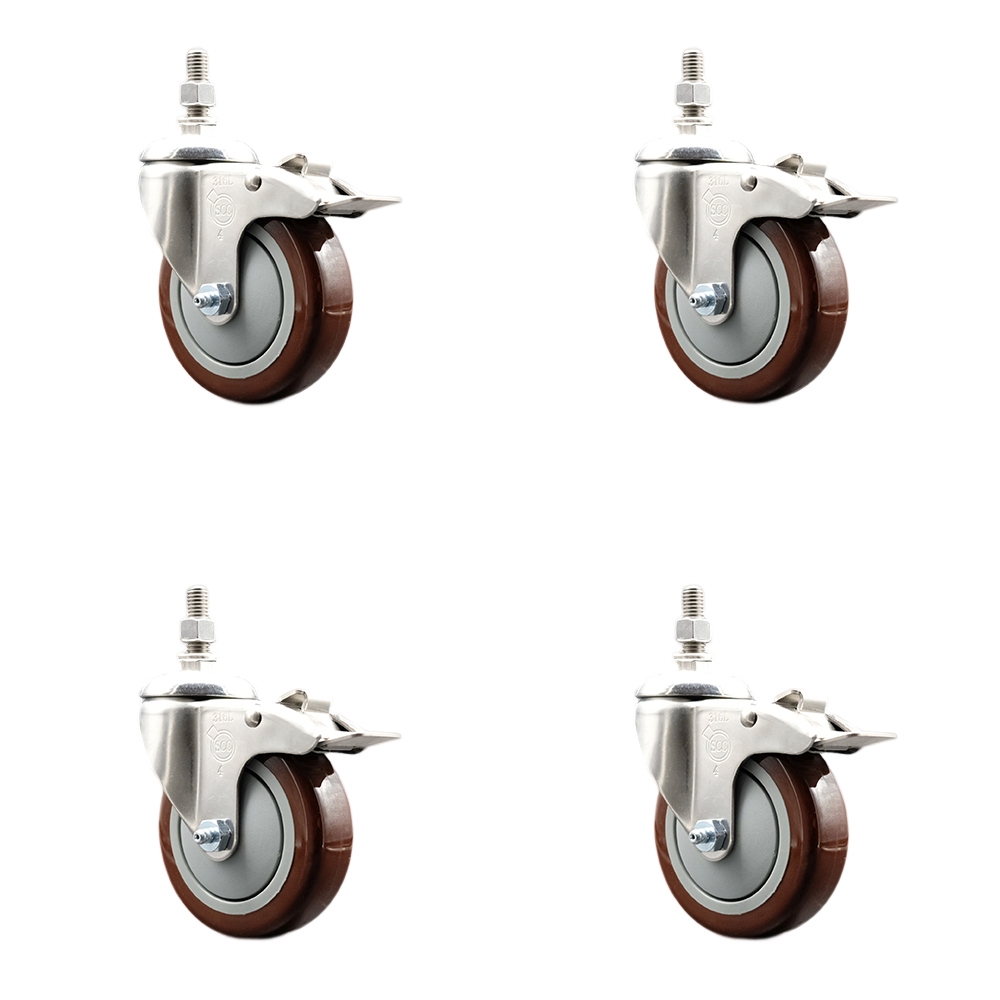 Polyurethane Swivel Stem Caster with 4 in. Maroon Caster Wheels, 0.5 in. Threaded Stems - 316 Stainless Steel Casters - Set of 4