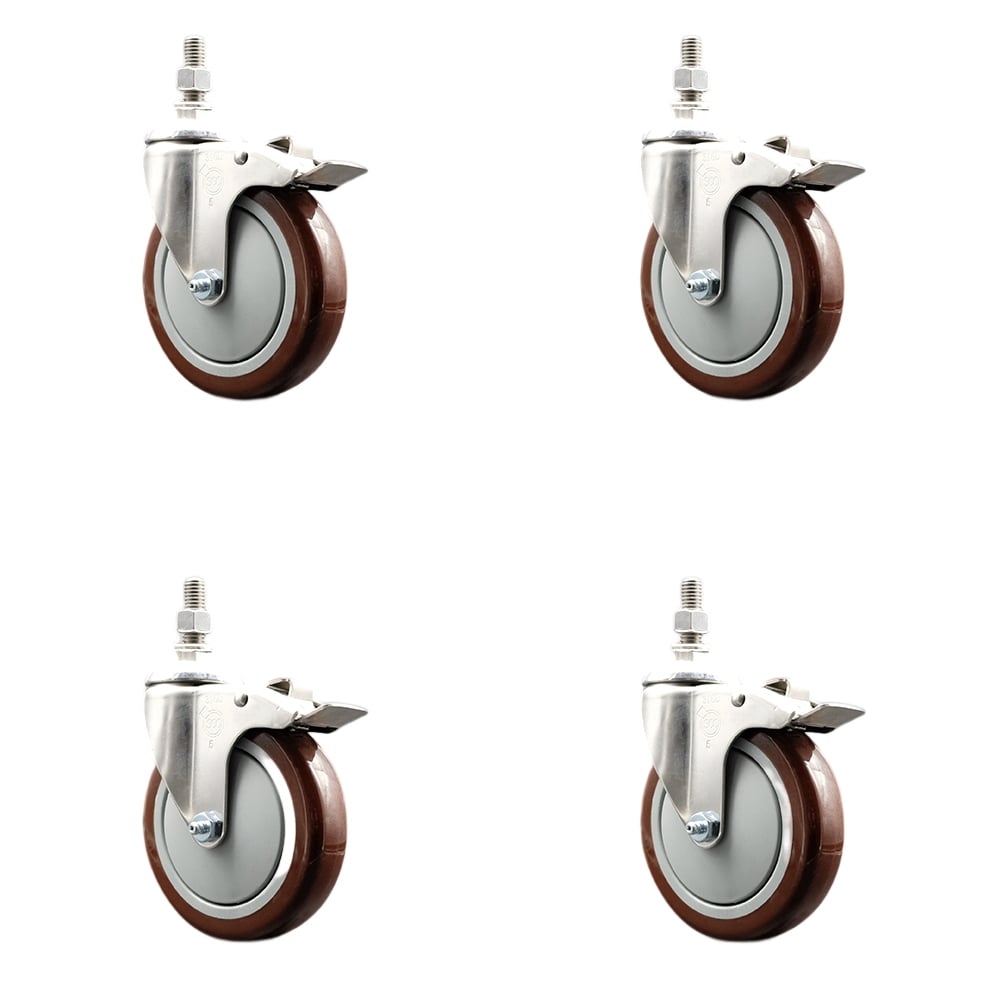 Polyurethane Swivel Stem Caster with 5 in. Maroon Caster Wheels, 0.5 in. Threaded Stems - 316 Stainless Steel Casters - Set of 4