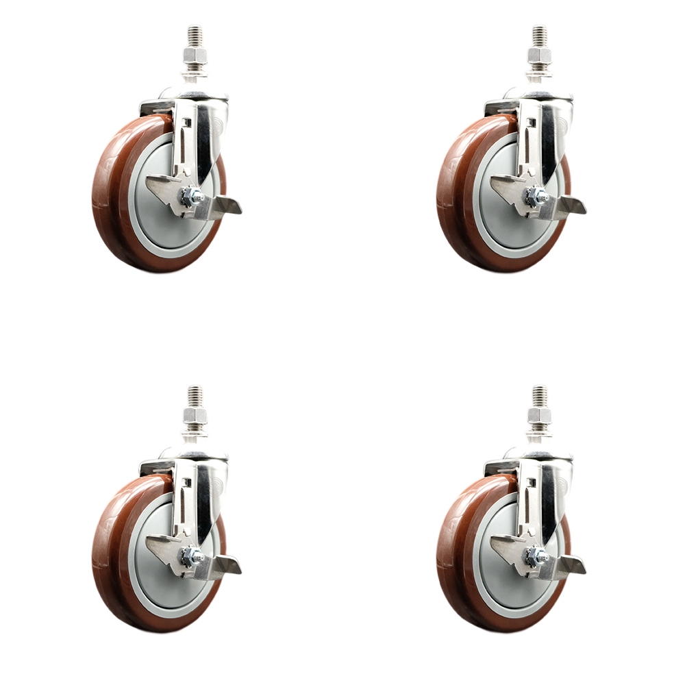 Polyurethane Swivel Stem Caster with 5 in. Maroon Caster Wheels, 0.38 in. Threaded Stems - 316 Stainless Steel Casters - Set of 4