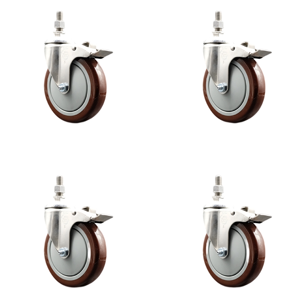 Polyurethane Swivel Stem Caster with 5 in. Maroon Caster Wheels, 0.38 in. Threaded Stems - 316 Stainless Steel Casters - Set of 4