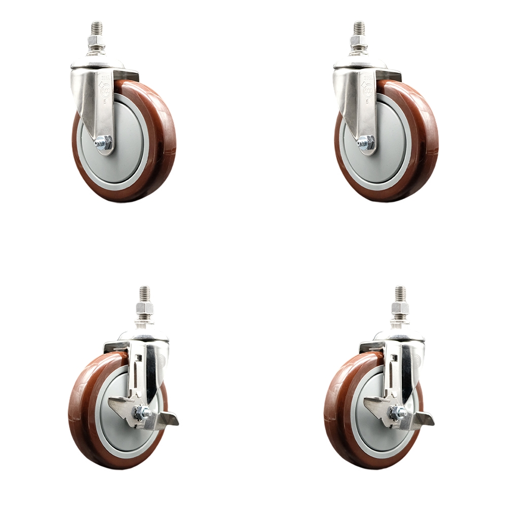 Poly Swivel Stem Caster with 5 in. Maroon Caster Wheels, 0.38 in. Threaded Stems - 316 Stainless Steel Casters - Set of 4