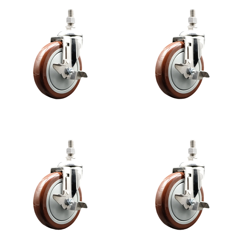 Polyurethane Swivel Stem Caster with 5 in. Maroon Caster Wheels, 10 mm Threaded Stems - 316 Stainless Steel Casters - Set of 4