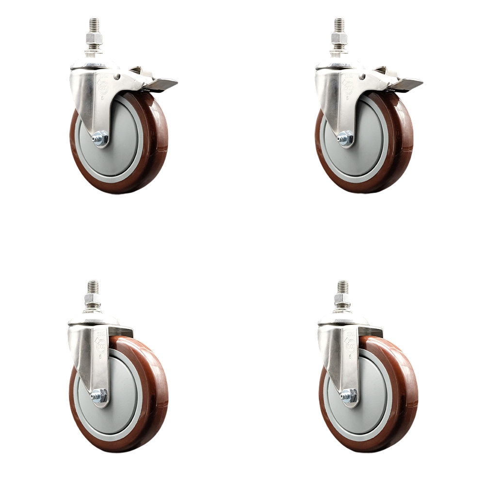 Poly Swivel Stem Caster with 5 in. Maroon Caster Wheels, 10 mm Threaded Stems - 316 Stainless Steel Caster - Set of 4