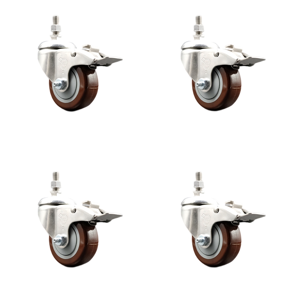 Polyurethane Swivel Stem Caster with 3 in. Maroon Caster Wheels, 12 mm Threaded Stems - 316 Stainless Steel Casters - Set of 4