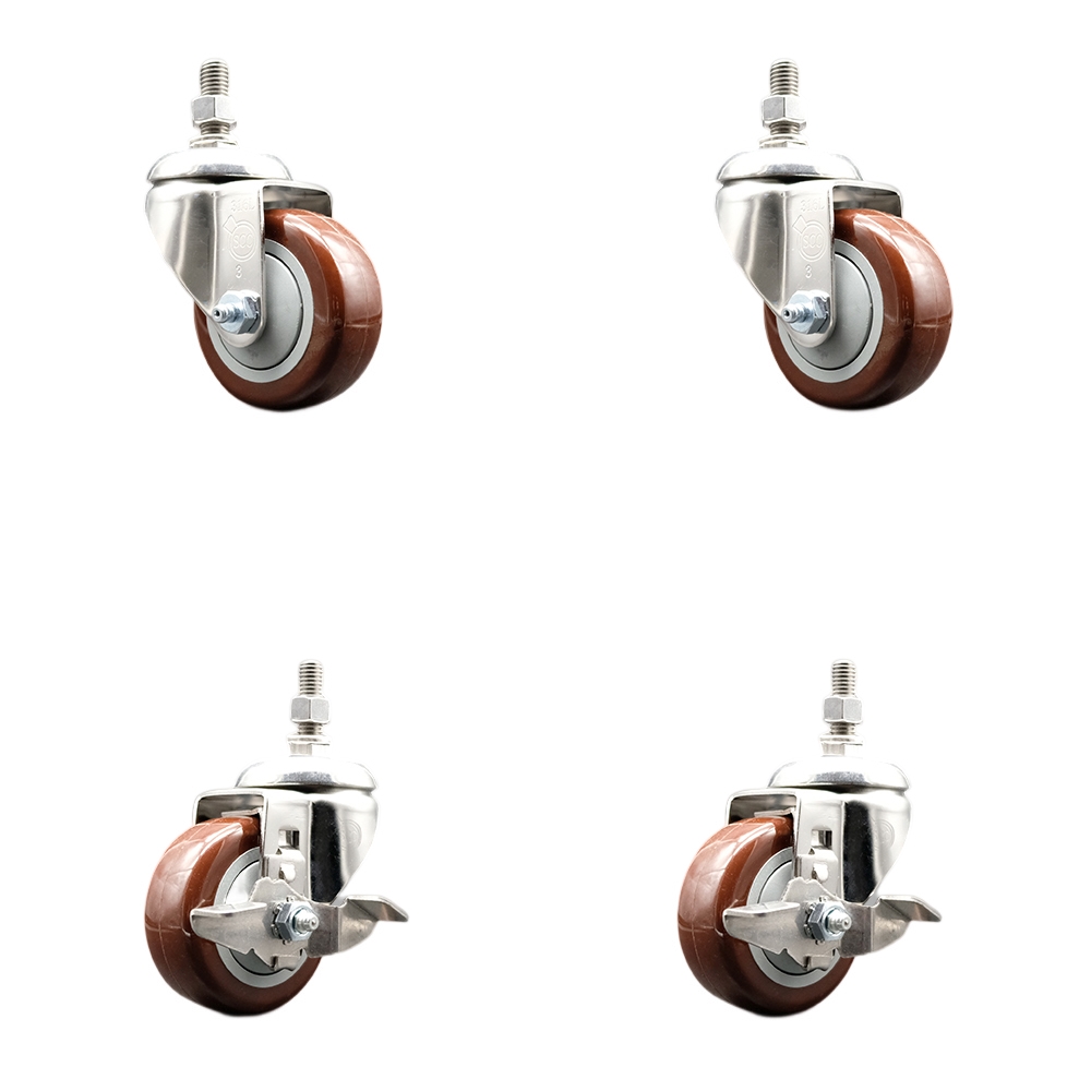 Poly Swivel Stem Caster with 3.5 in. Maroon Caster Wheels, 12 mm Threaded Stems - 316 Stainless Steel Caster - Set of 4
