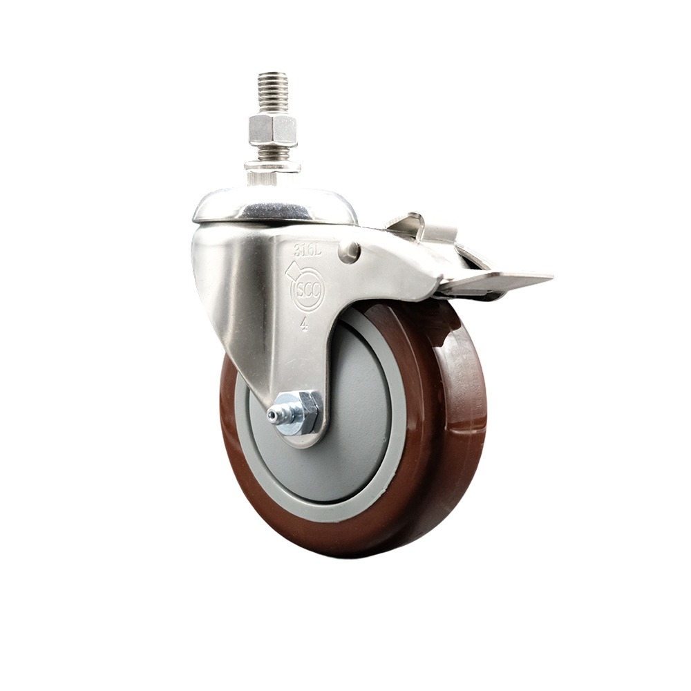 Polyurethane Swivel Stem Caster with 4 in. Maroon Caster Wheels & Total Lock Brake, 12 mm Threaded Stem - 316 Stainless Steel Caster