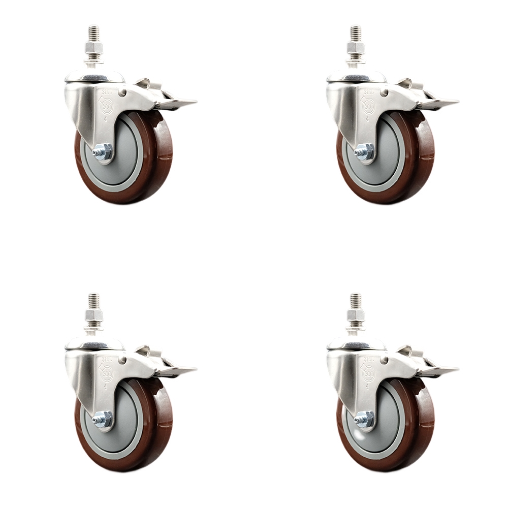 Polyurethane Swivel Stem Caster with 4 in. Maroon Caster Wheels, 12 mm Threaded Stems - 316 Stainless Steel Casters - Set of 4