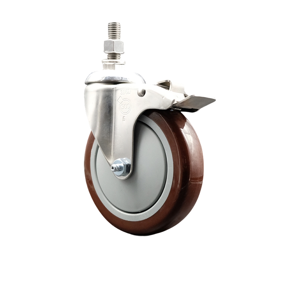 Polyurethane Swivel Stem Caster with 5 in. Maroon Caster Wheels & Total Lock Brake, 12 mm Threaded Stem - 316 Stainless Steel Caster