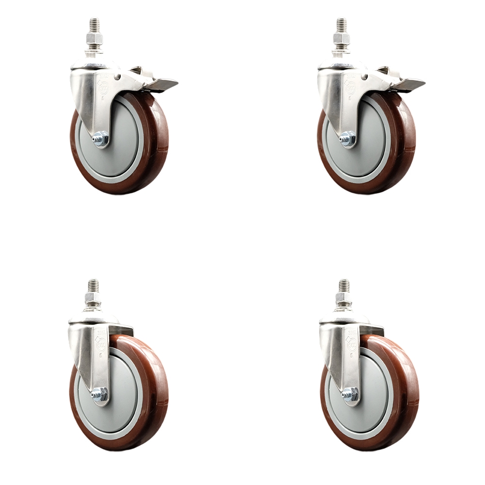 Poly Swivel Stem Caster with 5 in. Maroon Caster Wheels, 12 mm Threaded Stems - 316 Stainless Steel Caster - Set of 4