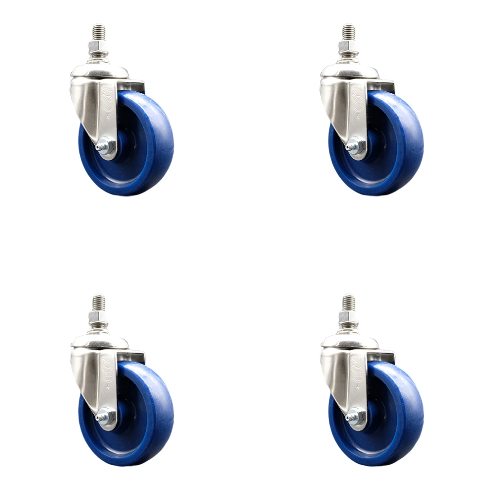 Solid Polyurethane Swivel Stem Caster with 4 in. Caster Wheels, 0.5 in. Threaded Stems - 316 Stainless Steel Casters - Set of 4