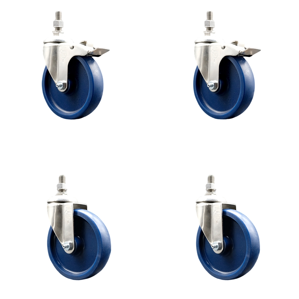 Solid Poly Swivel Stem Caster with 5 in. Caster Wheels, 0.5 in. Threaded Stems - 316 Stainless Steel Casters - Set of 4