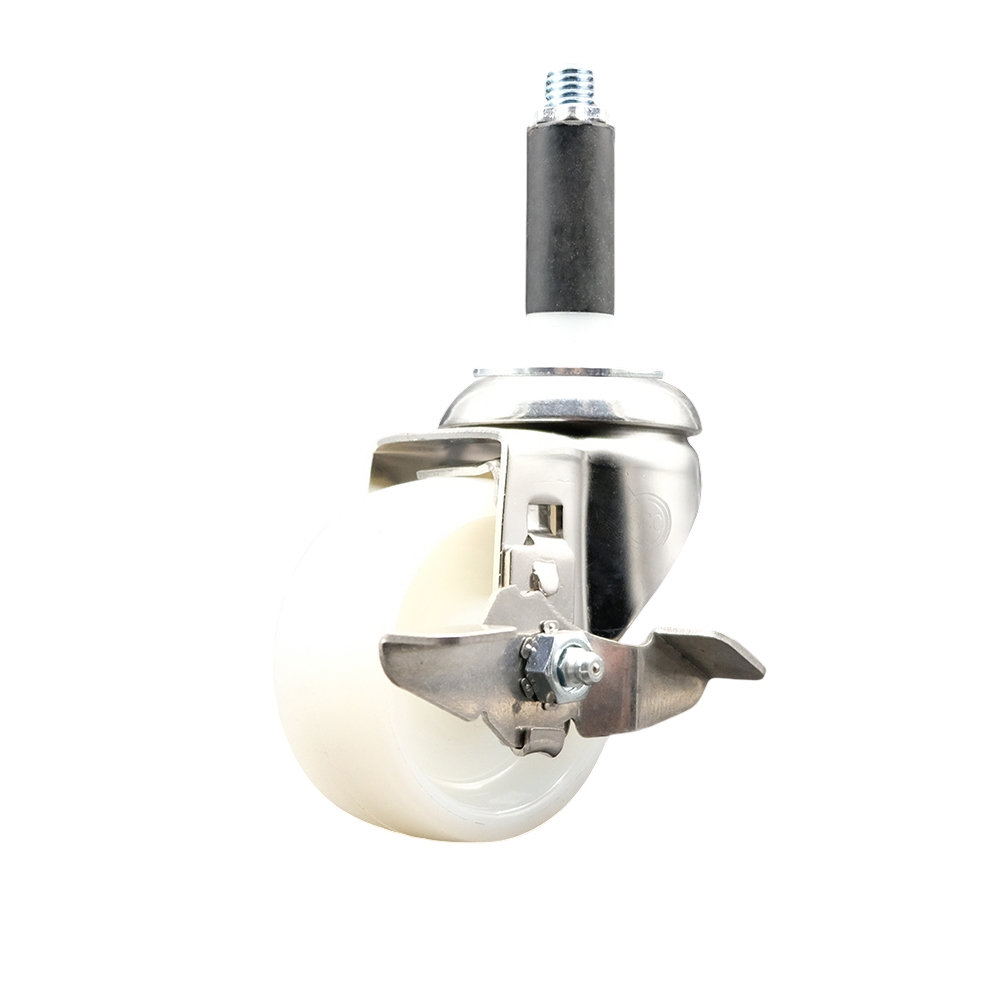Nylon Swivel Stem Caster with 3 in. White Caster Wheel & Top Lock Brake, 0.87 in. Expanding Stem - 316 Stainless Steel Caster