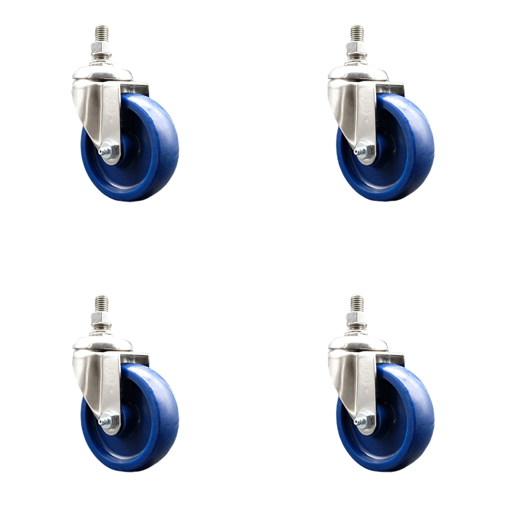 Solid Polyurethane Swivel Stem Caster with 4 in. Caster Wheels, 0.38 in. Threaded Stems - 316 Stainless Steel Casters - Set of 4