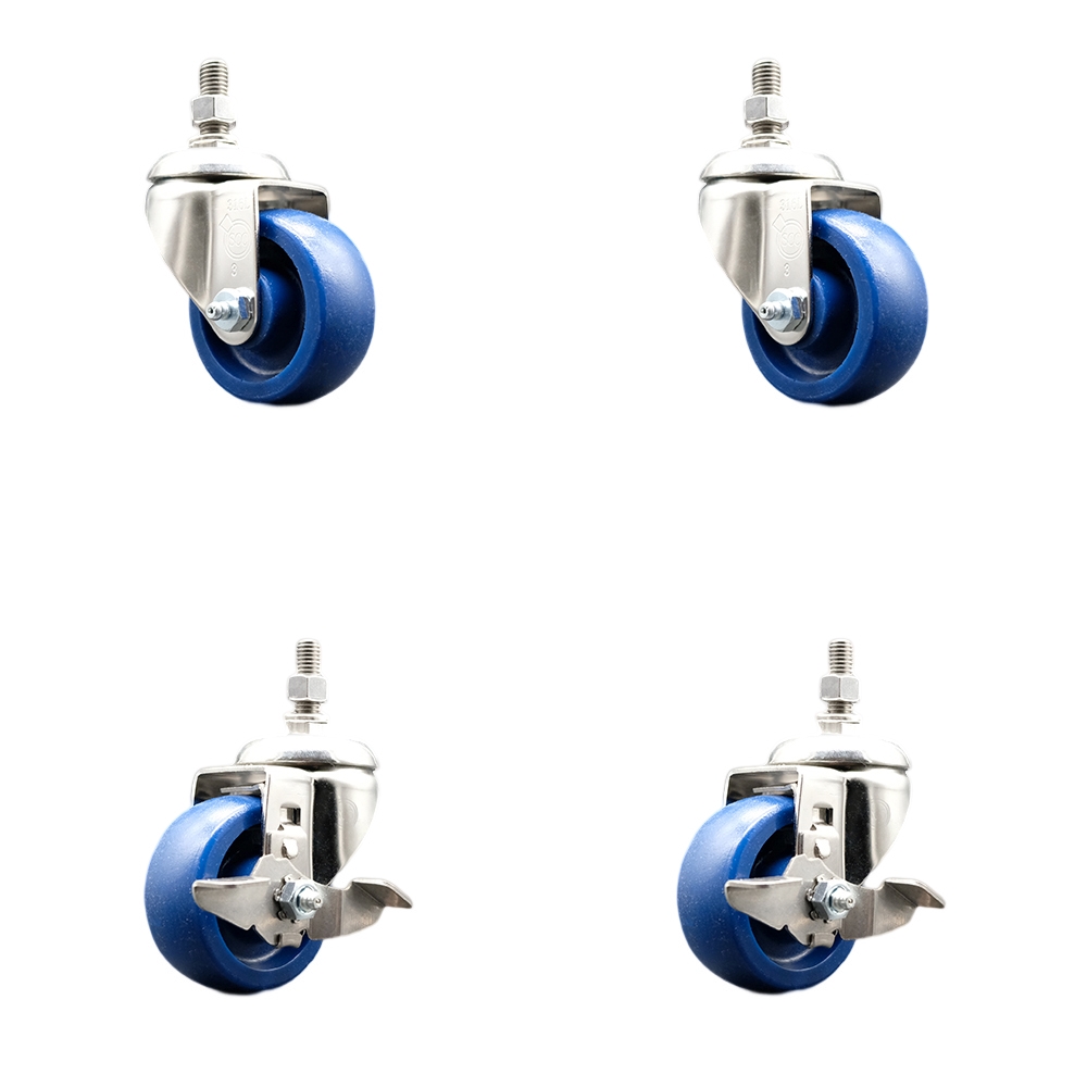 Solid Poly Swivel Stem Caster with 3.5 in. Caster Wheels, 10 mm Threaded Stems - 316 Stainless Steel Casters - Set of 4