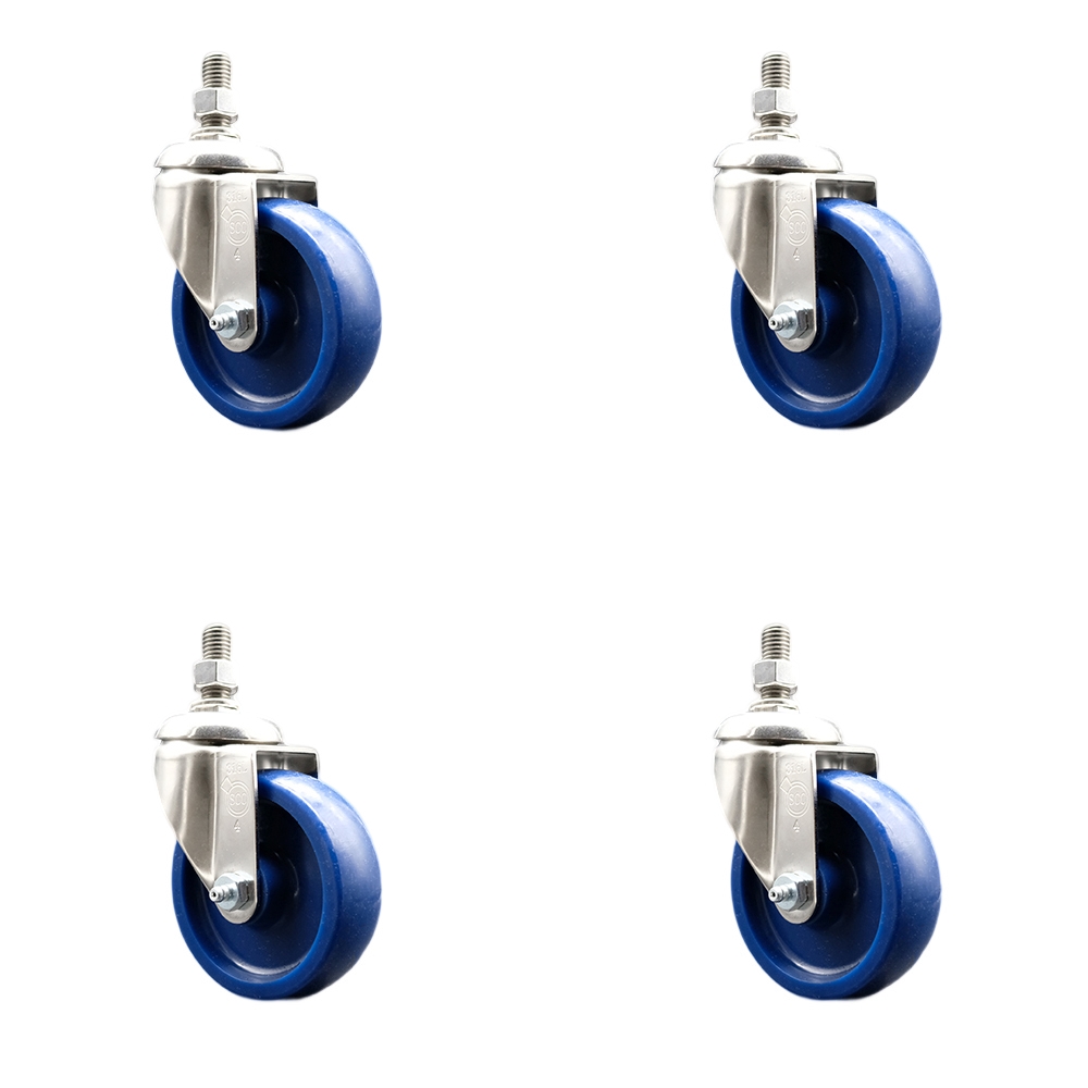 Solid Polyurethane Swivel Stem Caster with 4 in. Caster Wheels, 10 mm Threaded Stems - 316 Stainless Steel Casters - Set of 4