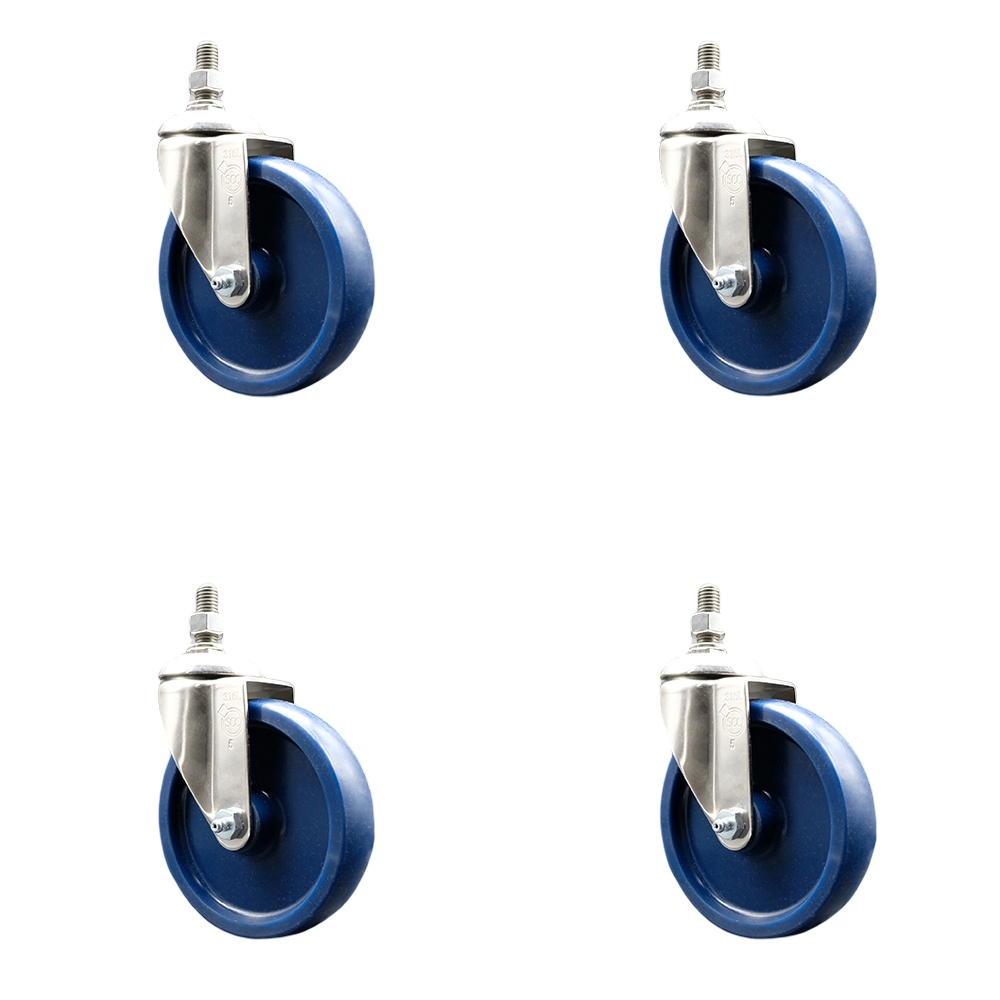 Solid Polyurethane Swivel Stem Caster with 5 in. Caster Wheels, 10 mm Threaded Stems - 316 Stainless Steel Casters - Set of 4
