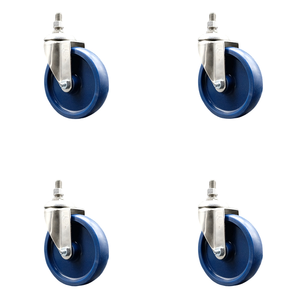 Solid Polyurethane Swivel Stem Caster with 5 in. Caster Wheels, 12 mm Threaded Stems - 316 Stainless Steel Casters - Set of 4