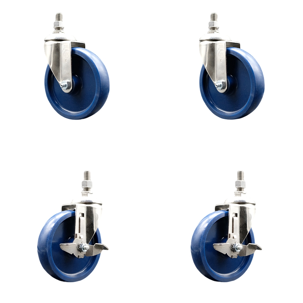 Solid Poly Swivel Stem Caster with 5 in. Caster Wheels, 12 mm Threaded Stems - 316 Stainless Steel Casters - Set of 4
