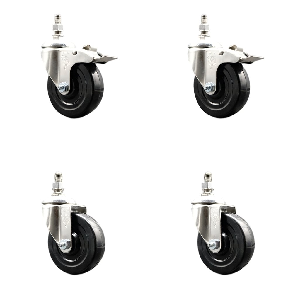 Soft Rubber Swivel Stem Caster with 4 in. Caster Wheels 0.5 in. Threaded Stems 316 Stainless Steel Casters - Set of 4