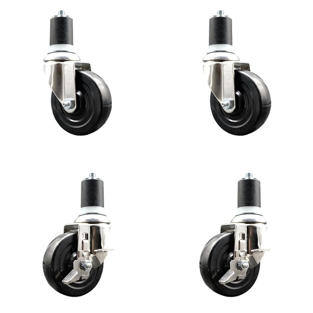 Soft Rubber Swivel Stem Caster with 4 in. Caster Wheels 1.75 in. Expanding Stems 316 Stainless Steel Casters - Set of 4