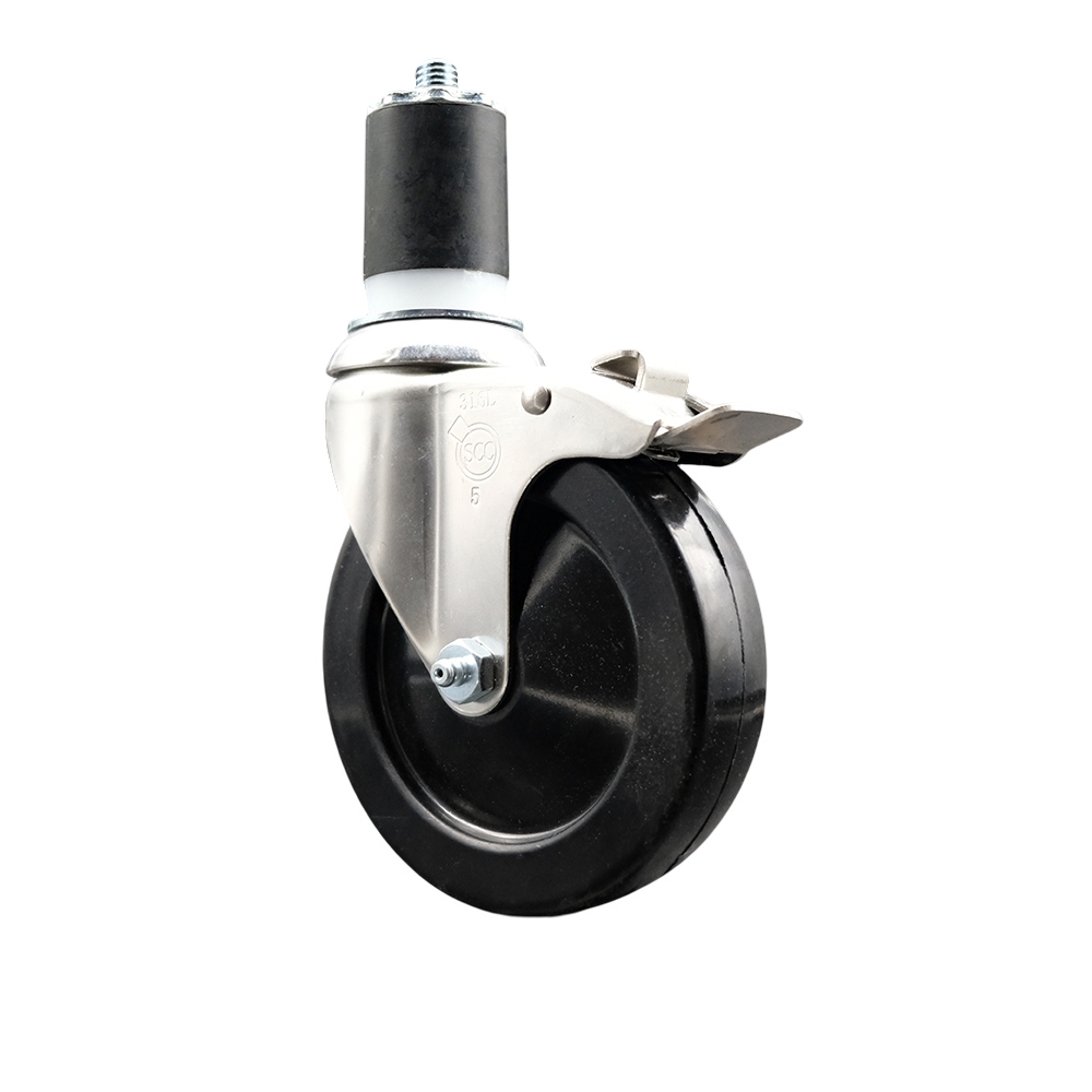 Soft Rubber Swivel Stem Caster with 5 in. Black Caster Wheel & Total Lock Brake 1.75 in. Expanding Stem 316 Stainless Steel Caster