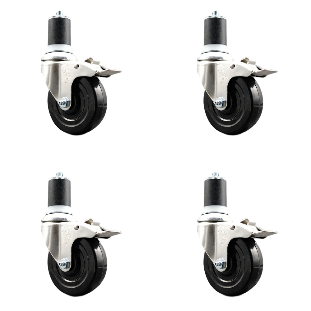 Soft Rubber Swivel Stem Caster with 4 in. Caster Wheels 1.87 in. Expanding Stems 316 Stainless Steel Casters - Set of 4