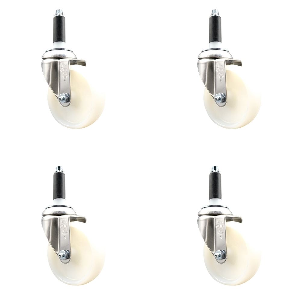 Nylon Swivel Stem Caster with 4 in. White Caster Wheels, 0.87 in. Expanding Stems - 316 Stainless Steel Casters - Set of 4