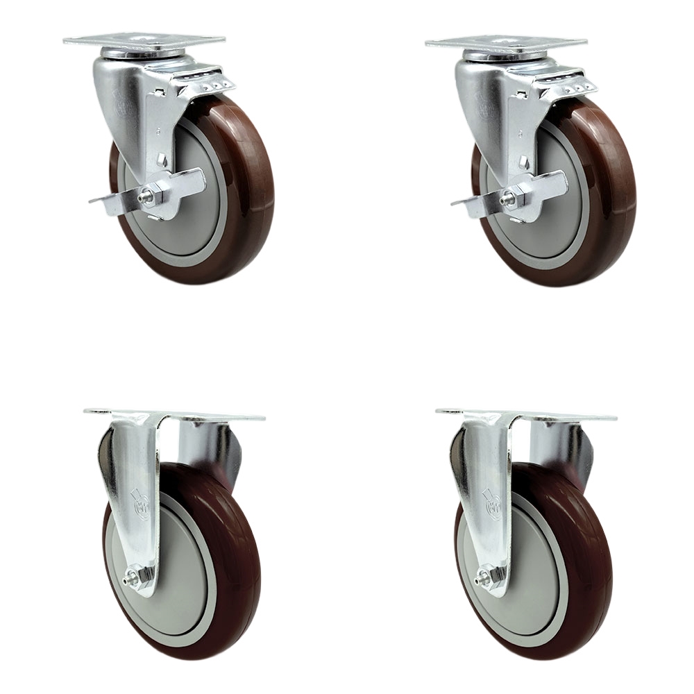 Swivel Caster with 2 Brakes & 2 Rigid, 5 in. Maroon Polyurethane Wheel - 3.13 x 4.13 in. Overall Top Plate - Set of 4