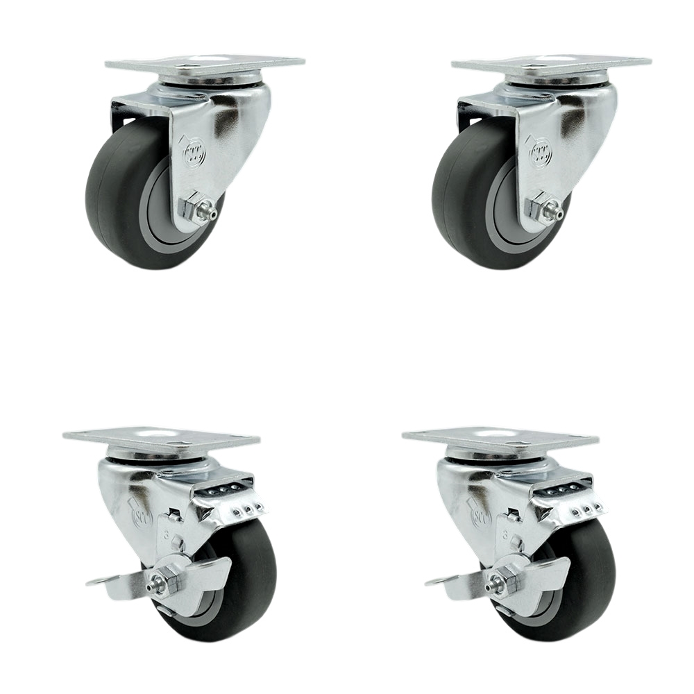 SCC-20S314-TPRB-TP2-2-TLB-2 Swivel Caster with 2 Brakes, 3 in. Thermoplastic Rubber Wheel - 3.13 x 4.13 in. Overall Top Plate - Set of 4