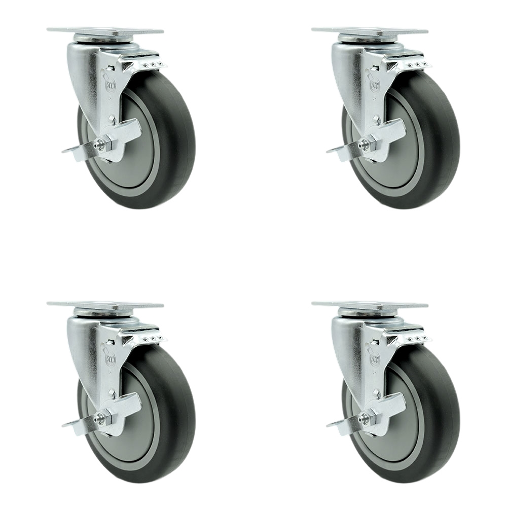 Swivel Casters - Black - 5 in. Thermoplastic Rubber Wheels - Set of 4 - Durable with Brakes