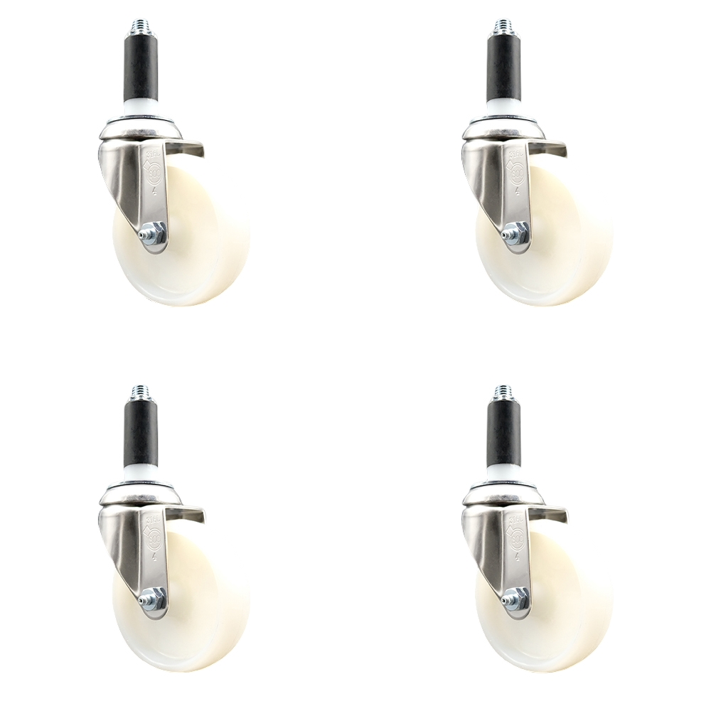 Nylon Swivel Stem Caster with 4 in. White Caster Wheels, 1.13 in. Expanding Stems - 316 Stainless Steel Casters - Set of 4
