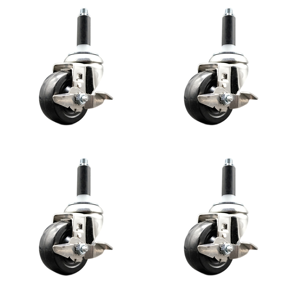 Soft Rubber Swivel Stem Caster with 3 in. Caster Wheels 0.75 in. Expanding Stems 316 Stainless Steel Casters - Set of 4
