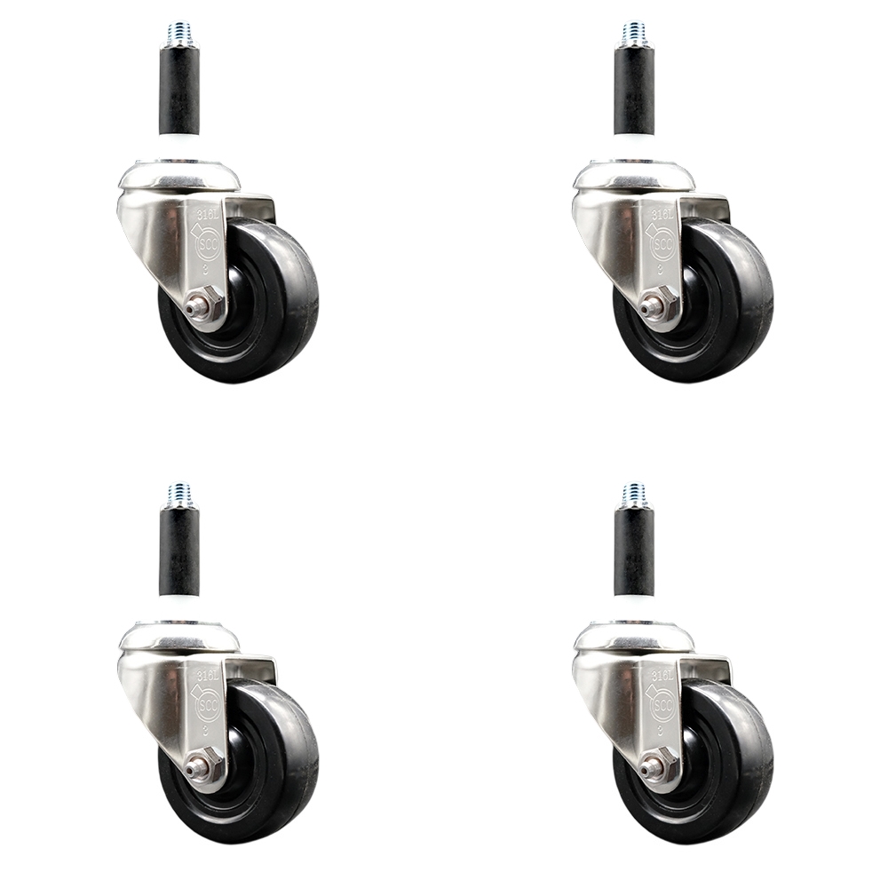 Soft Rubber Swivel Stem Caster with 3.5 in. Black Caster Wheels 0.75 in. Expanding Stems 316 Stainless Steel Casters - Set of 4