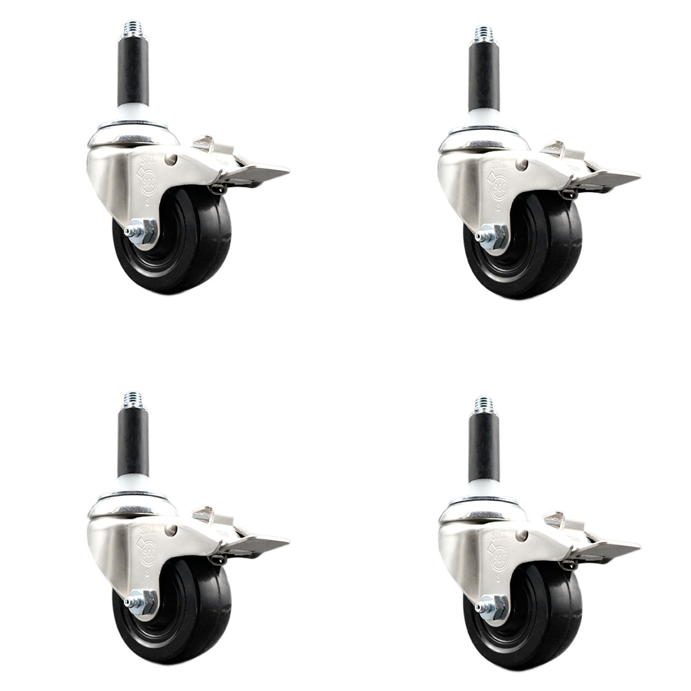 Soft Rubber Swivel Stem Caster with 3.5 in. Caster Wheels 0.75 in. Expanding Stems 316 Stainless Steel Casters - Set of 4