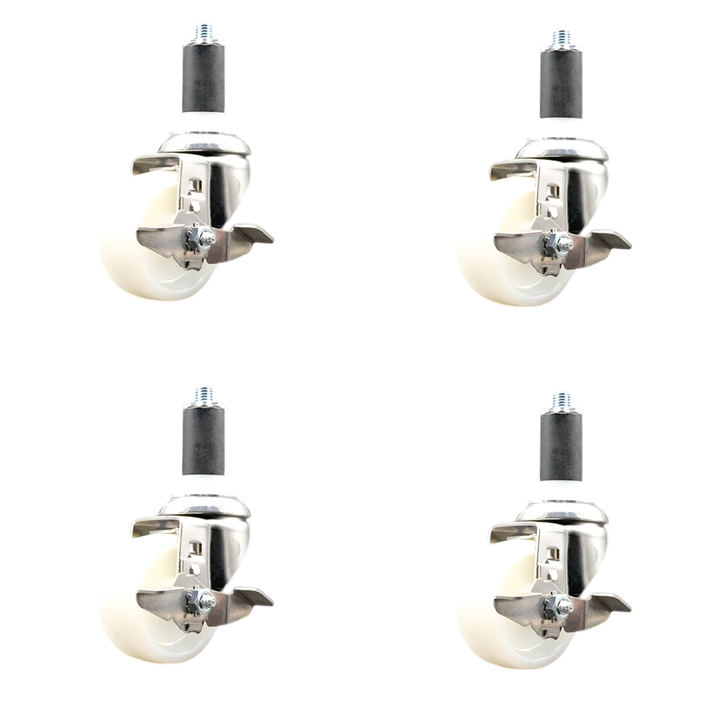 Nylon Swivel Stem Caster with 3 in. Caster Wheels, 1.25 in. Expanding Stems - 316 Stainless Steel Casters - Set of 4
