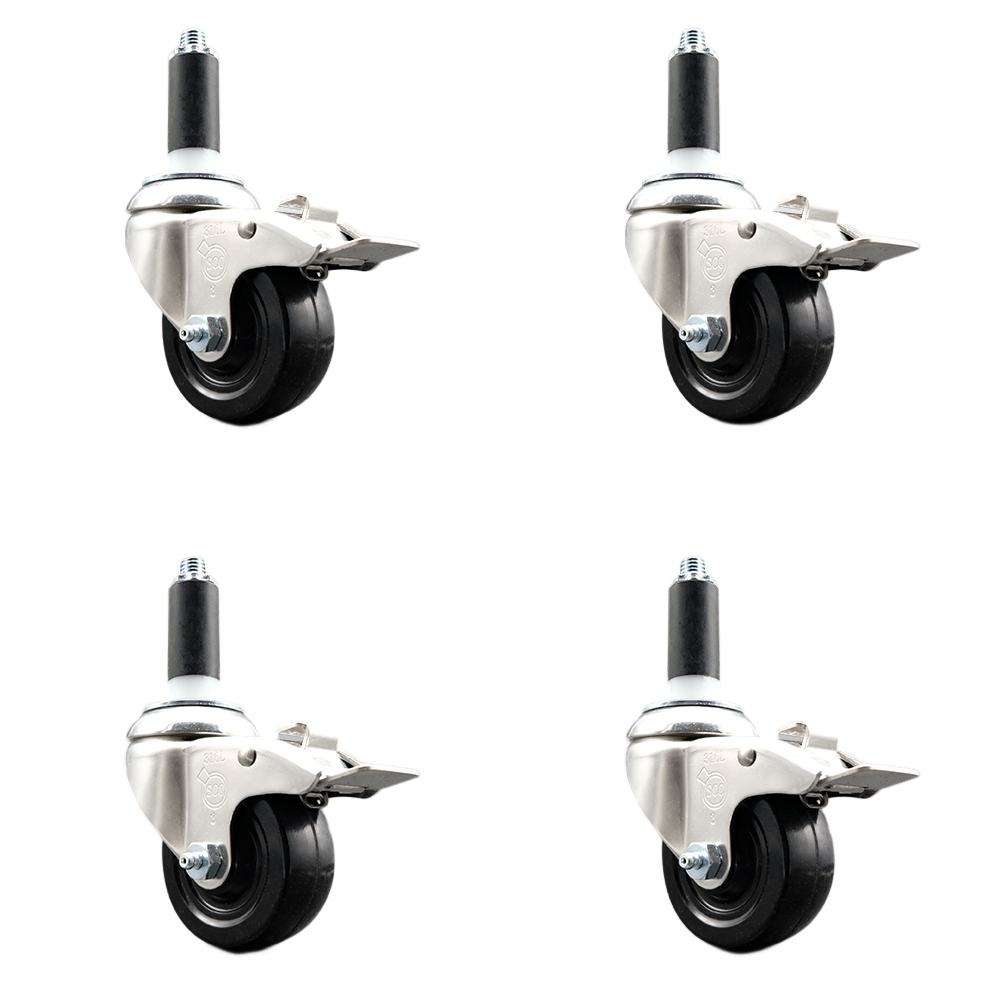 Soft Rubber Swivel Stem Caster with 3.5 in. Caster Wheels 1.13 in. Expanding Stems 316 Stainless Steel Casters - Set of 4