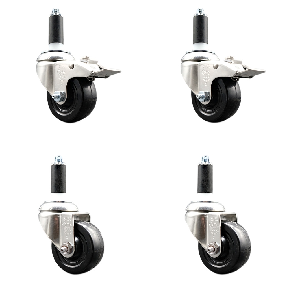 Soft Rubber Swivel Stem Caster with 3.5 in. Caster Wheels 1.13 in. Expanding Stem 316 Stainless Steel Casters - Set of 4