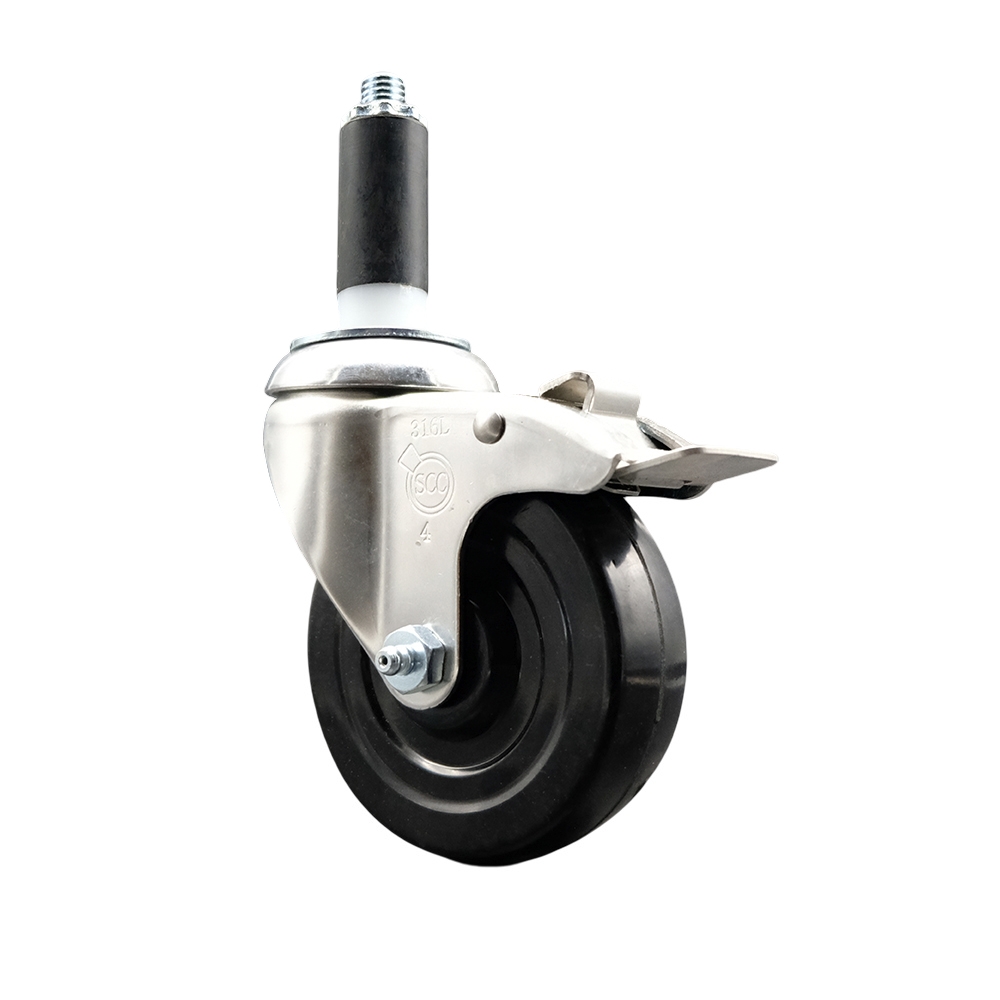 Soft Rubber Swivel Stem Caster with 4 in. Black Caster Wheel & Total Lock Brake 1.13 in. Expanding Stem 316 Stainless Steel Caster